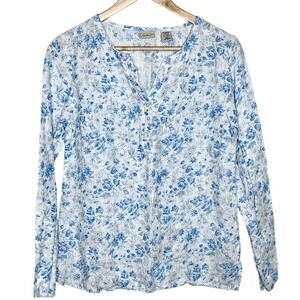 LL Bean Floral Linen Henley Top Blue White Womens Small Coastal Cottage Resort